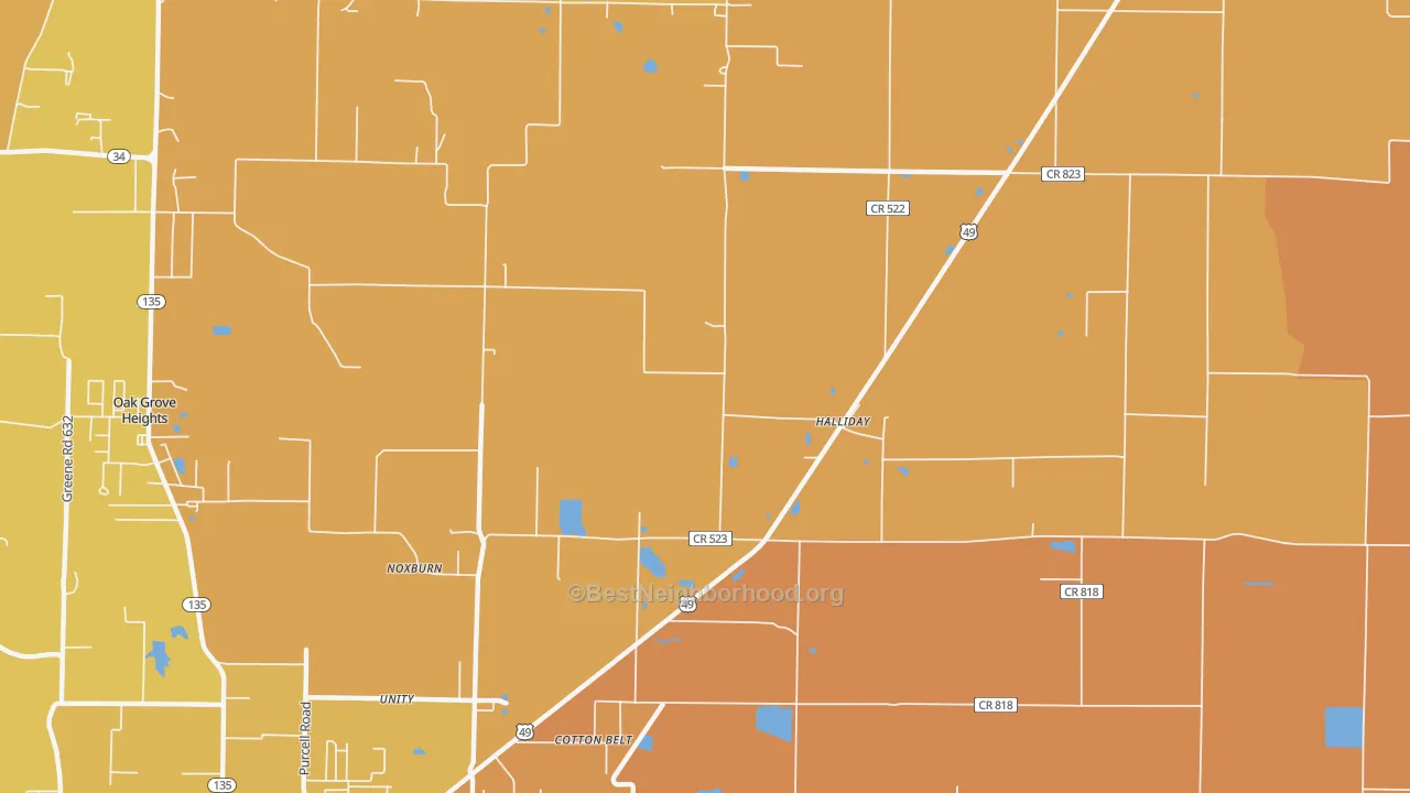 Map of the best neighborhoods in the Halliday area, with better matches in green and worse matches in red