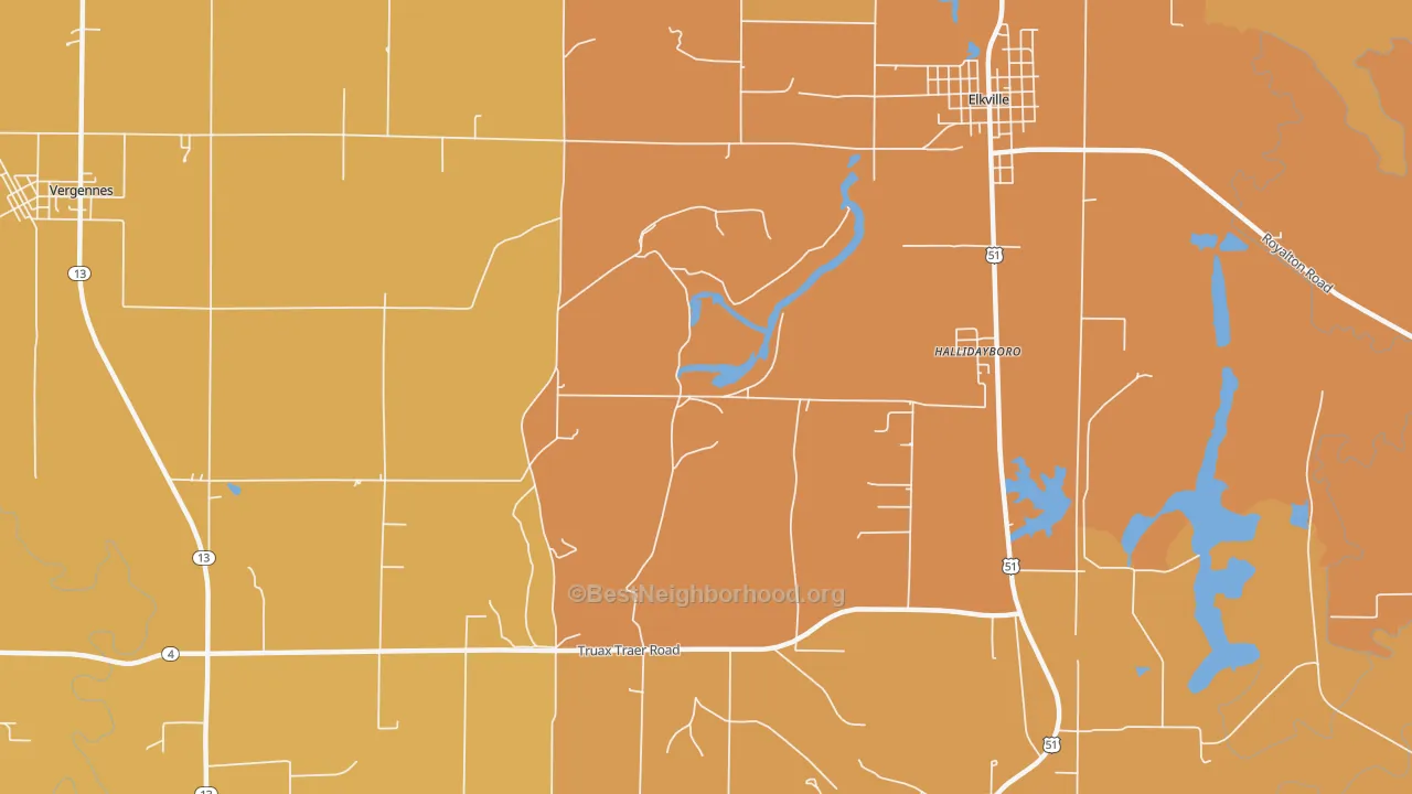 Map of the best neighborhoods in the Hallidayboro area, with better matches in green and worse matches in red