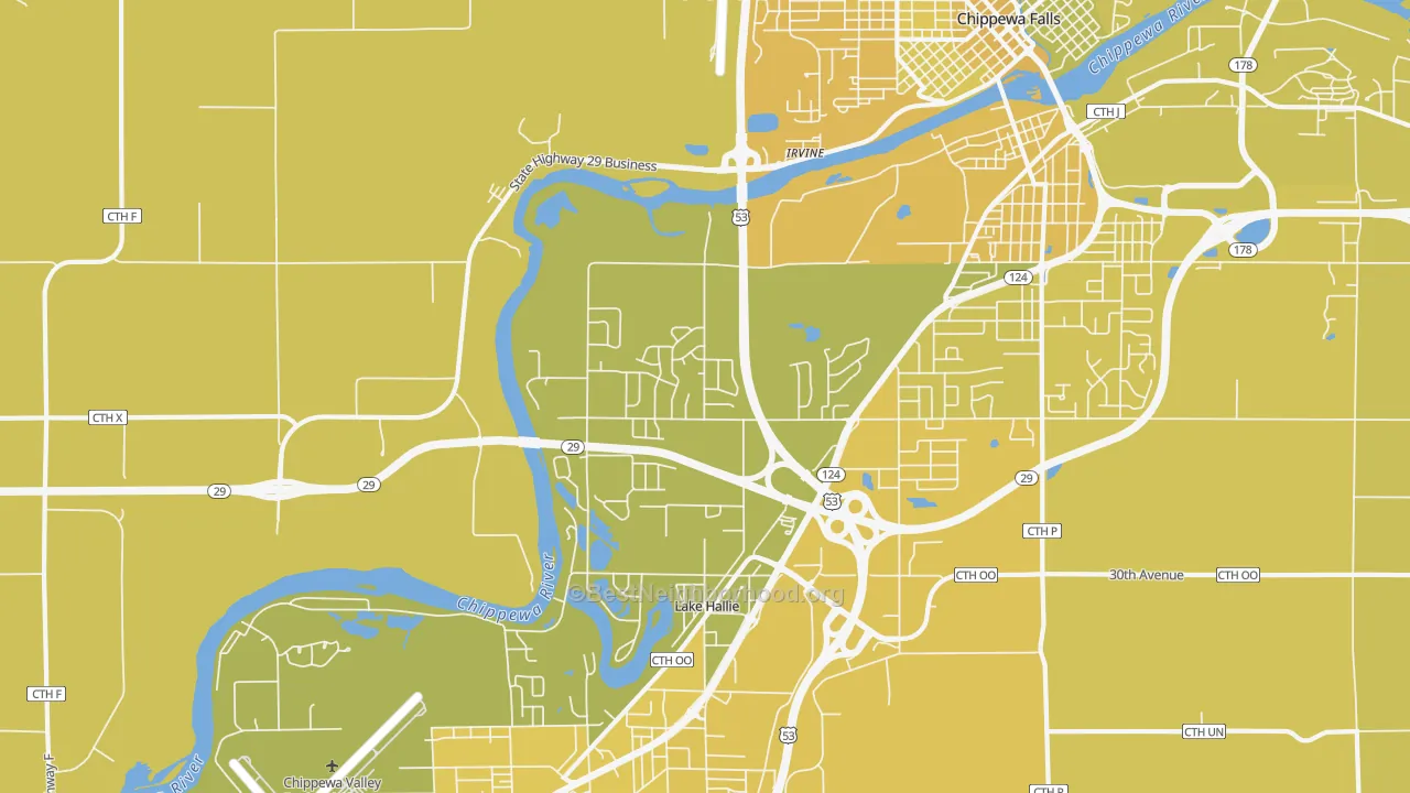 Map of the best neighborhoods in the Hallie area, with better matches in green and worse matches in red
