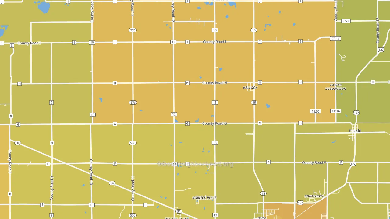 Map of the best neighborhoods in the Hallock area, with better matches in green and worse matches in red
