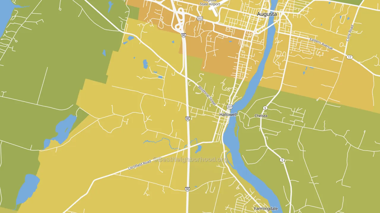 Map of the best neighborhoods in the Hallowell area, with better matches in green and worse matches in red