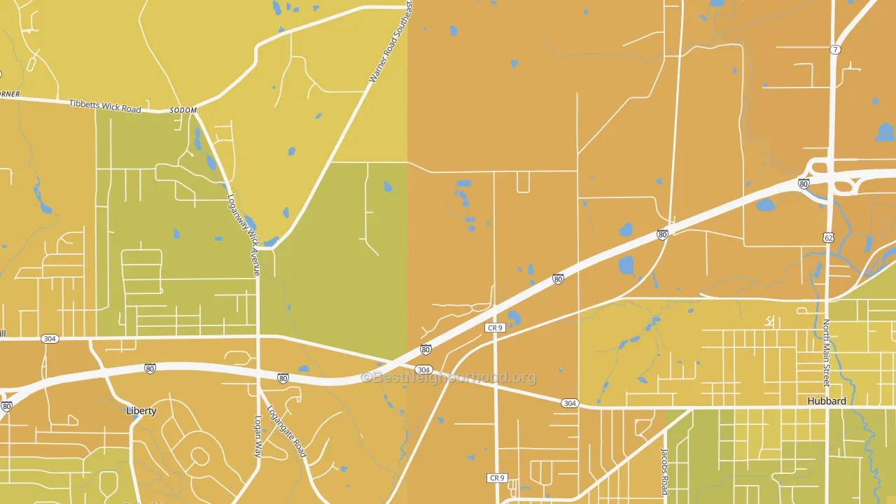Map of the best neighborhoods in the Halls Corners area, with better matches in green and worse matches in red