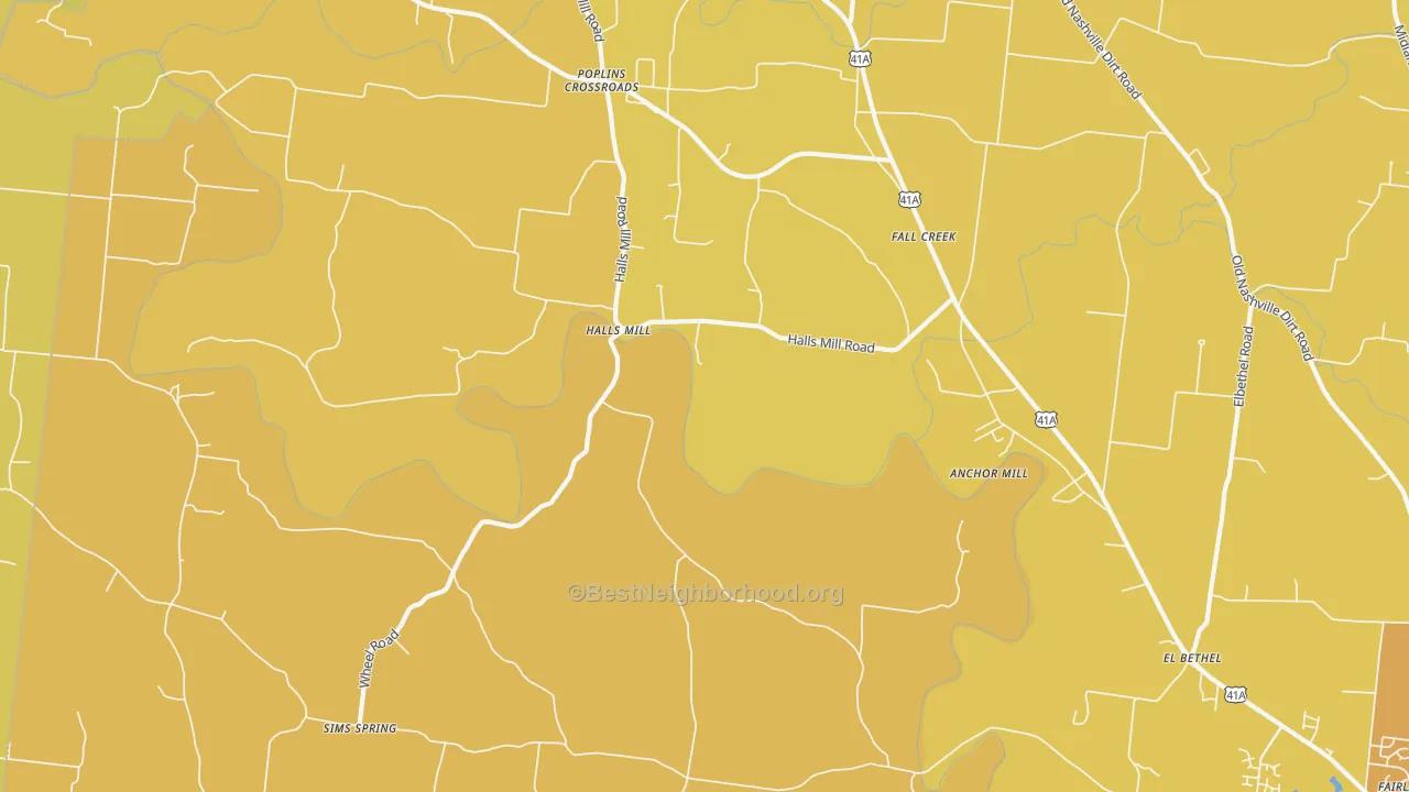 Map of the best neighborhoods in the Halls Mill area, with better matches in green and worse matches in red