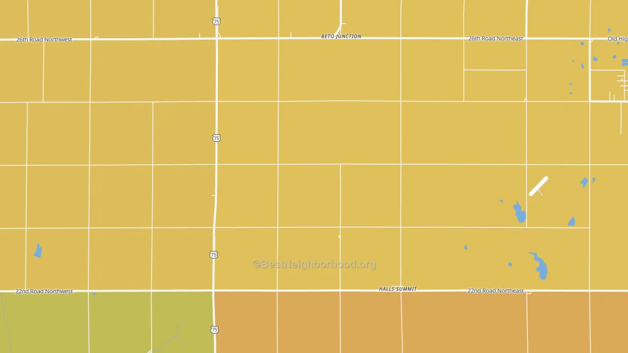 Map of the best neighborhoods in the Halls Summit area, with better matches in green and worse matches in red