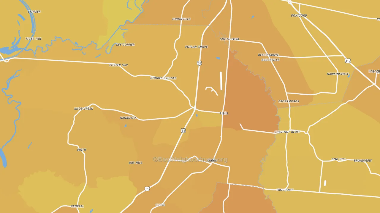 Map of the best neighborhoods in the Halls area, with better matches in green and worse matches in red
