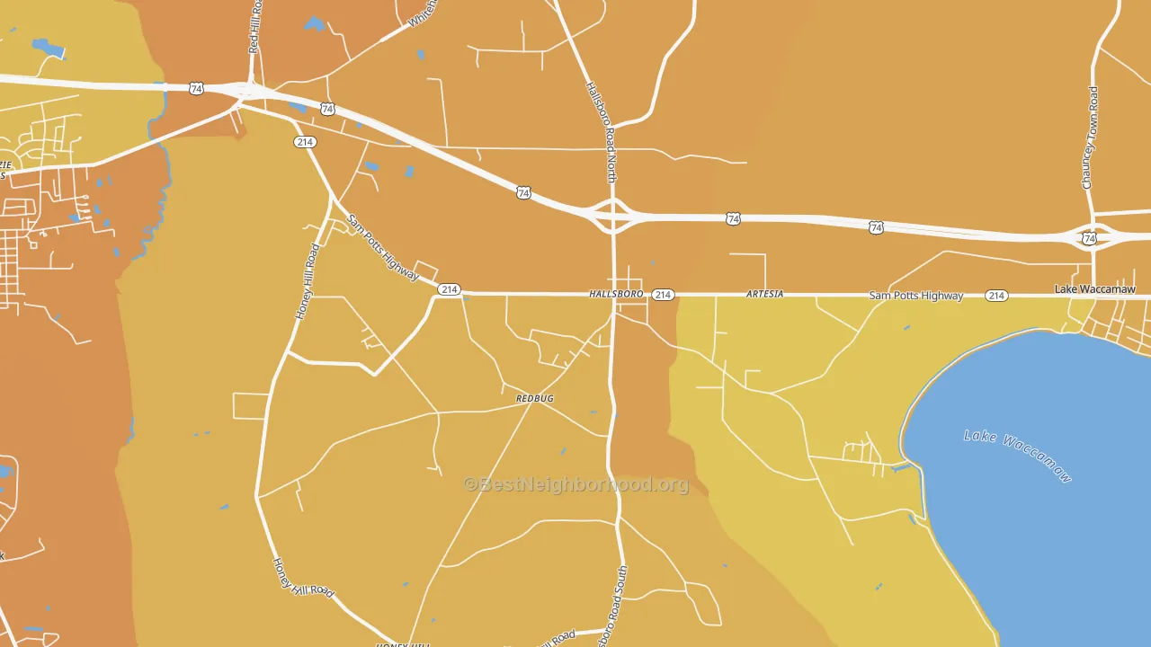 Map of the best neighborhoods in the Hallsboro area, with better matches in green and worse matches in red