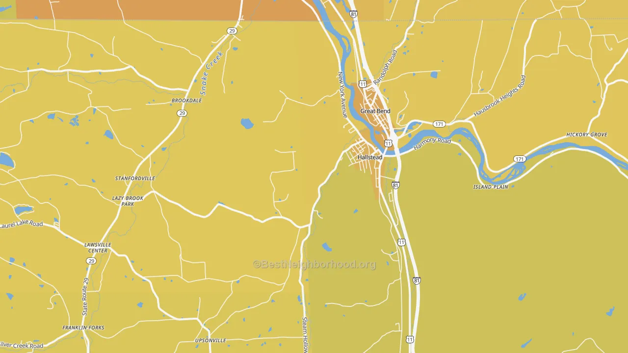 Map of the best neighborhoods in the Hallstead area, with better matches in green and worse matches in red
