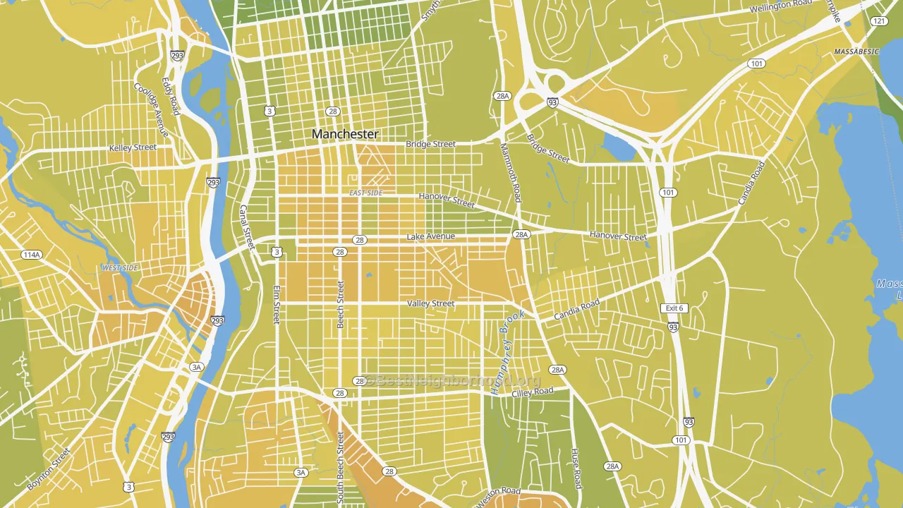 Map of the best neighborhoods in the Hallsville, Manchester area, with better matches in green and worse matches in red