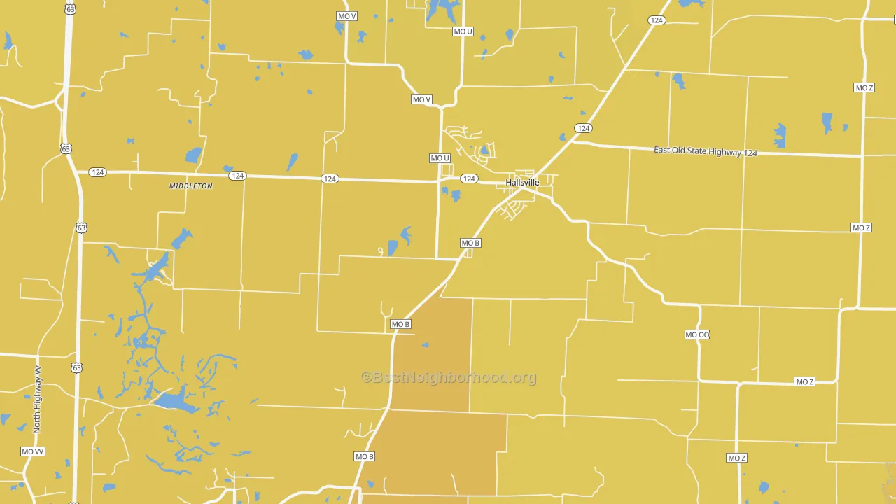 Map of the best neighborhoods in the Hallsville area, with better matches in green and worse matches in red