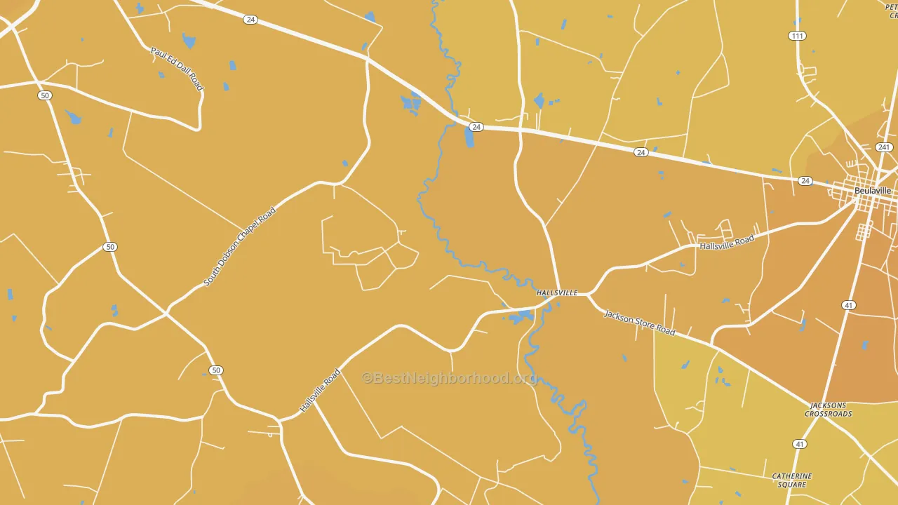Map of the best neighborhoods in the Hallsville area, with better matches in green and worse matches in red