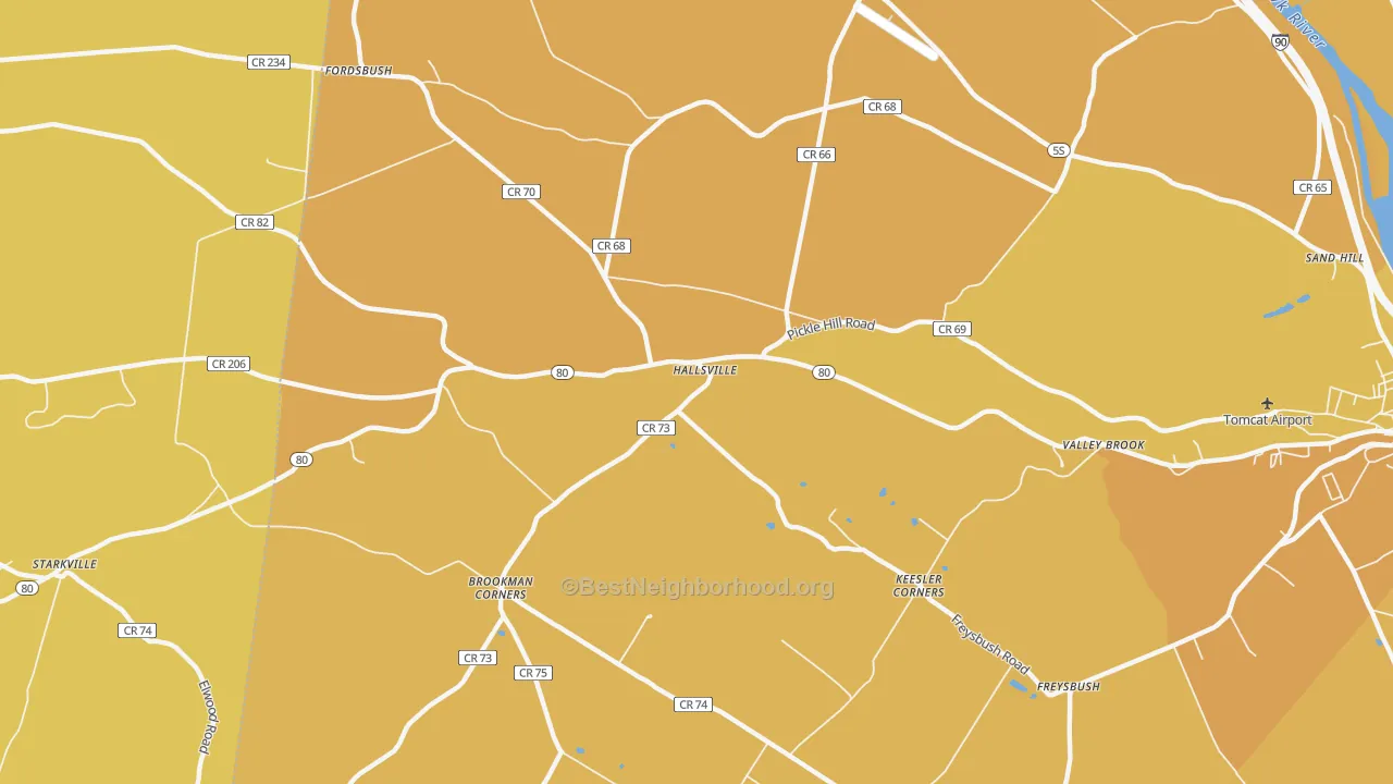Map of the best neighborhoods in the Hallsville area, with better matches in green and worse matches in red