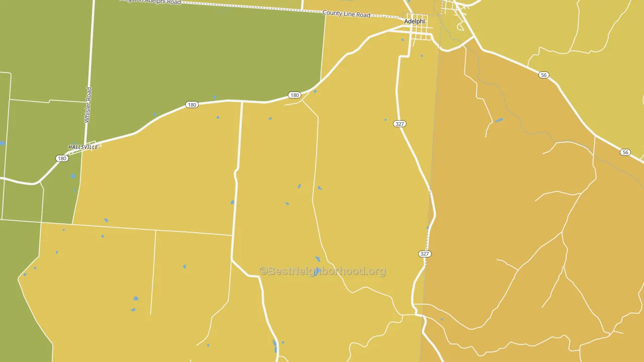 Map of the best neighborhoods in the Hallsville area, with better matches in green and worse matches in red