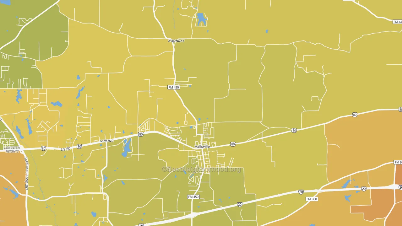 Map of the best neighborhoods in the Hallsville area, with better matches in green and worse matches in red
