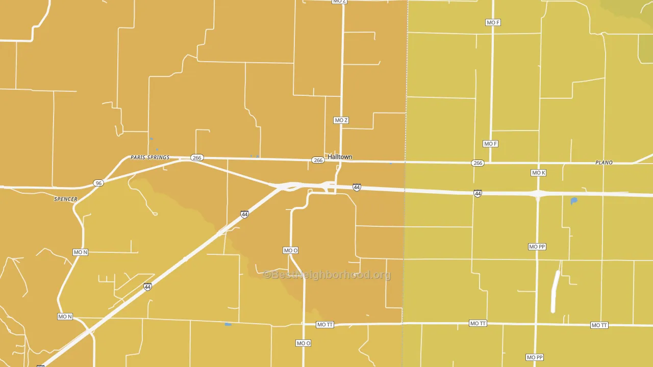 Map of the best neighborhoods in the Halltown area, with better matches in green and worse matches in red