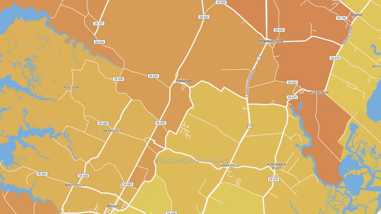 Map of the best neighborhoods in the Hallwood area, with better matches in green and worse matches in red