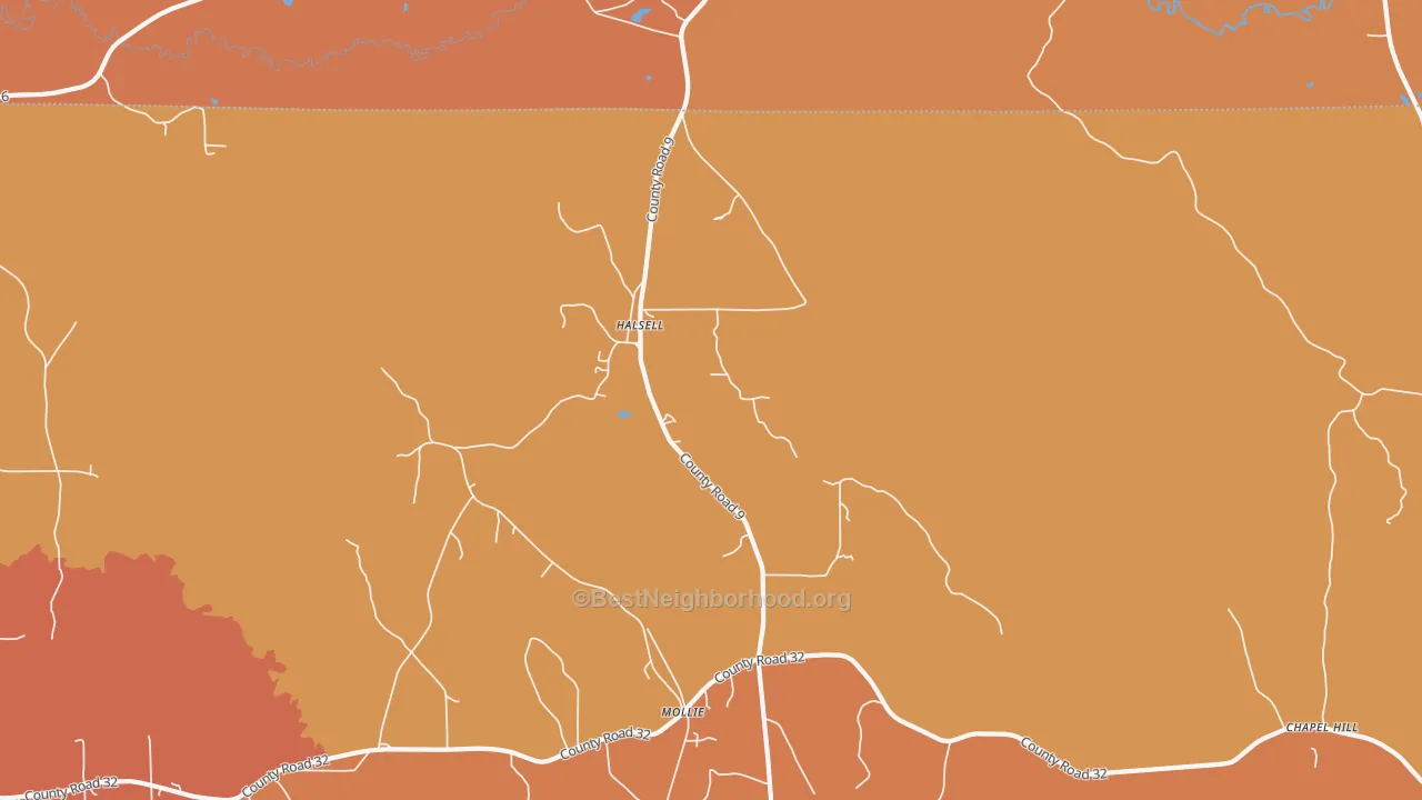 Map of the best neighborhoods in the Halsell area, with better matches in green and worse matches in red