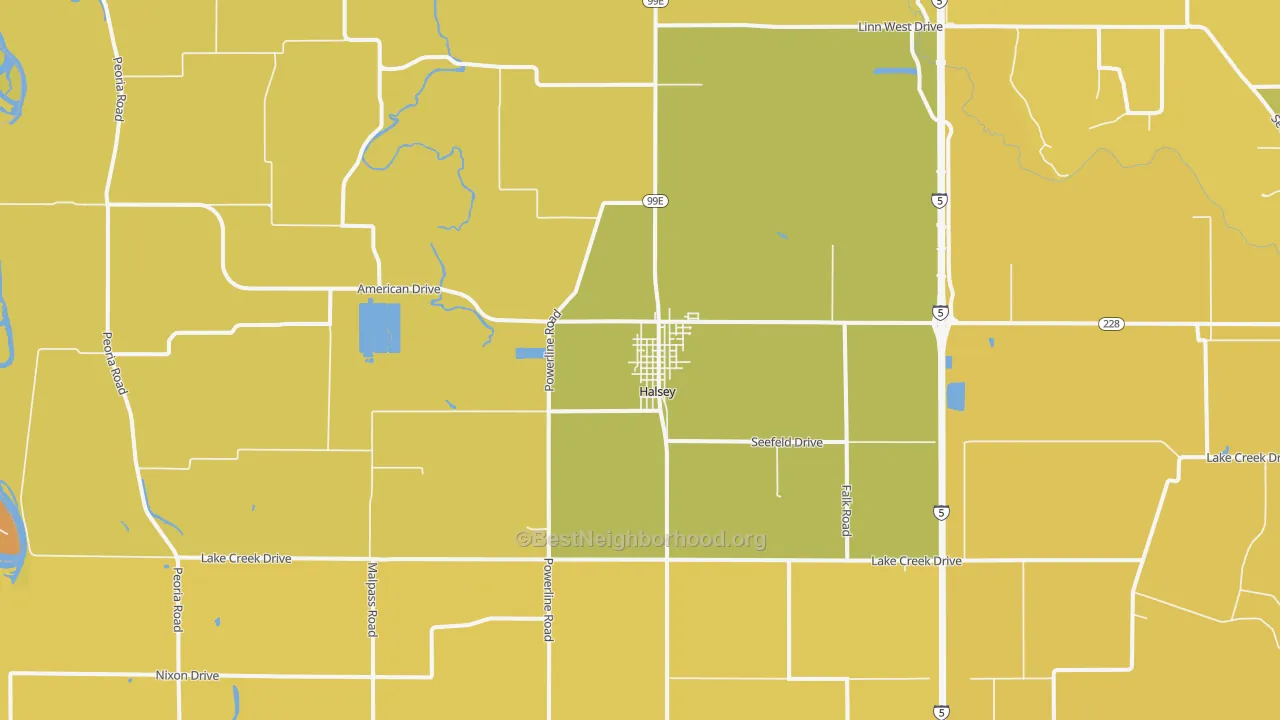Map of the best neighborhoods in the Halsey area, with better matches in green and worse matches in red