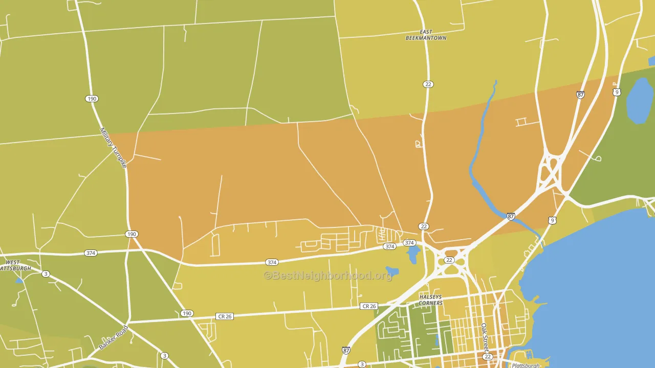 Map of the best neighborhoods in the Halseys Corners area, with better matches in green and worse matches in red