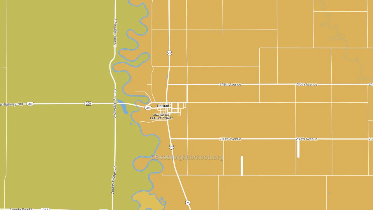 Map of the best neighborhoods in the Halstad area, with better matches in green and worse matches in red