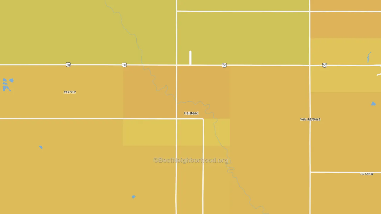 Map of the best neighborhoods in the Halstead area, with better matches in green and worse matches in red