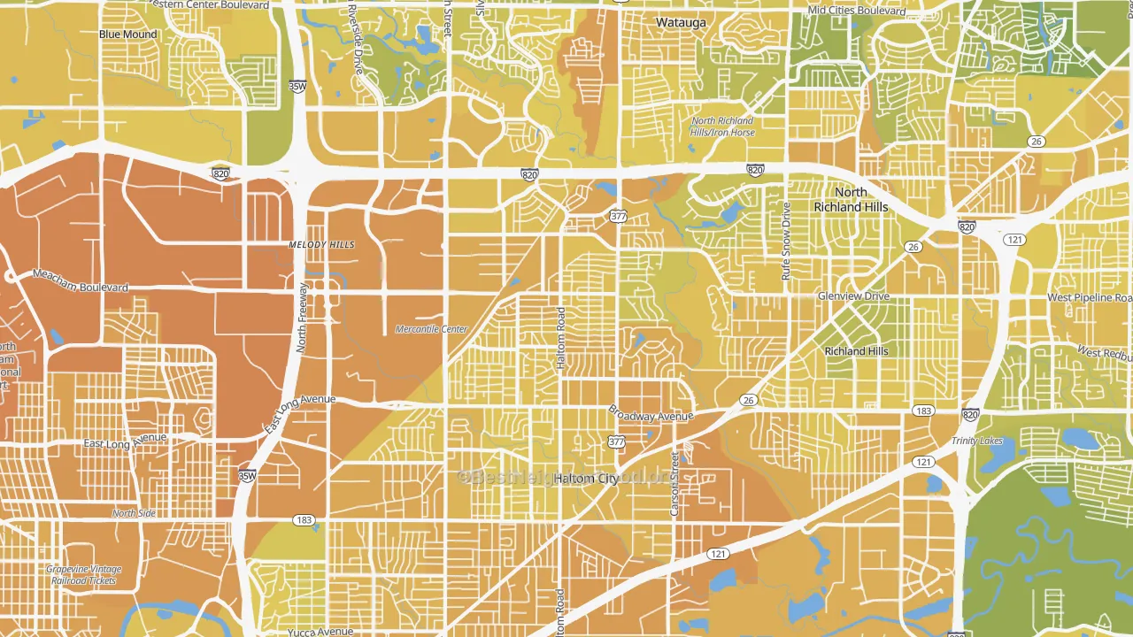 Map of the best neighborhoods in the Haltom City area, with better matches in green and worse matches in red