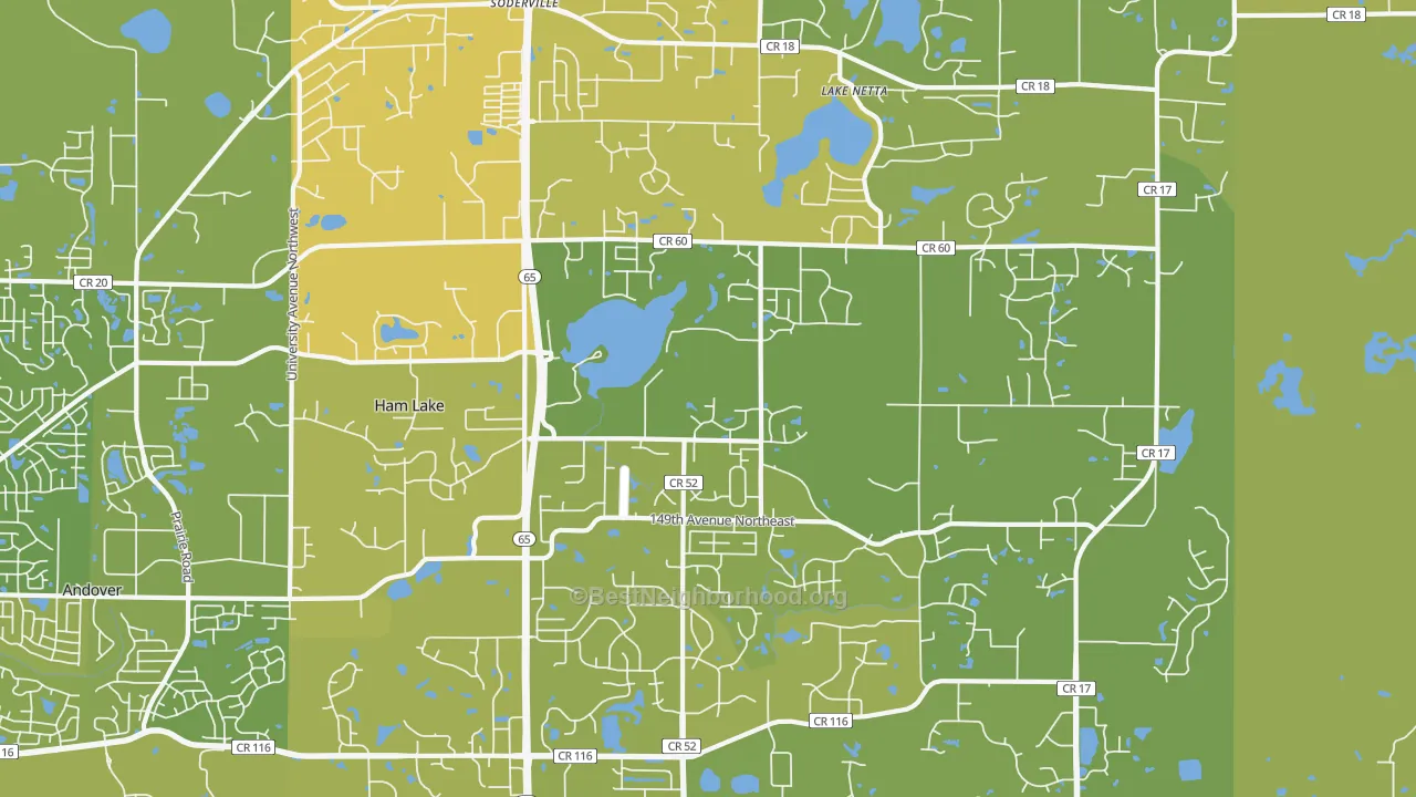 Map of the best neighborhoods in the Ham Lake area, with better matches in green and worse matches in red