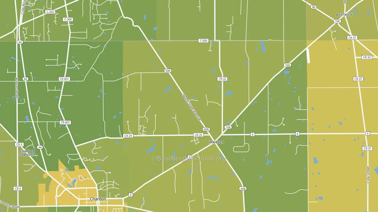Map of the best neighborhoods in the Hambden area, with better matches in green and worse matches in red
