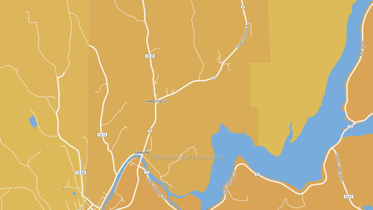 Map of the best neighborhoods in the Hambletville area, with better matches in green and worse matches in red