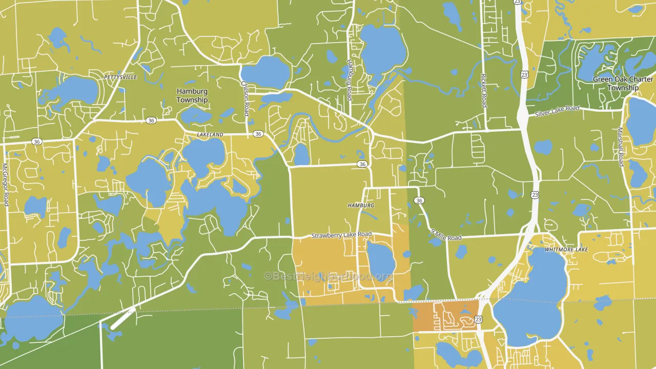 Map of the best neighborhoods in the Hamburg area, with better matches in green and worse matches in red