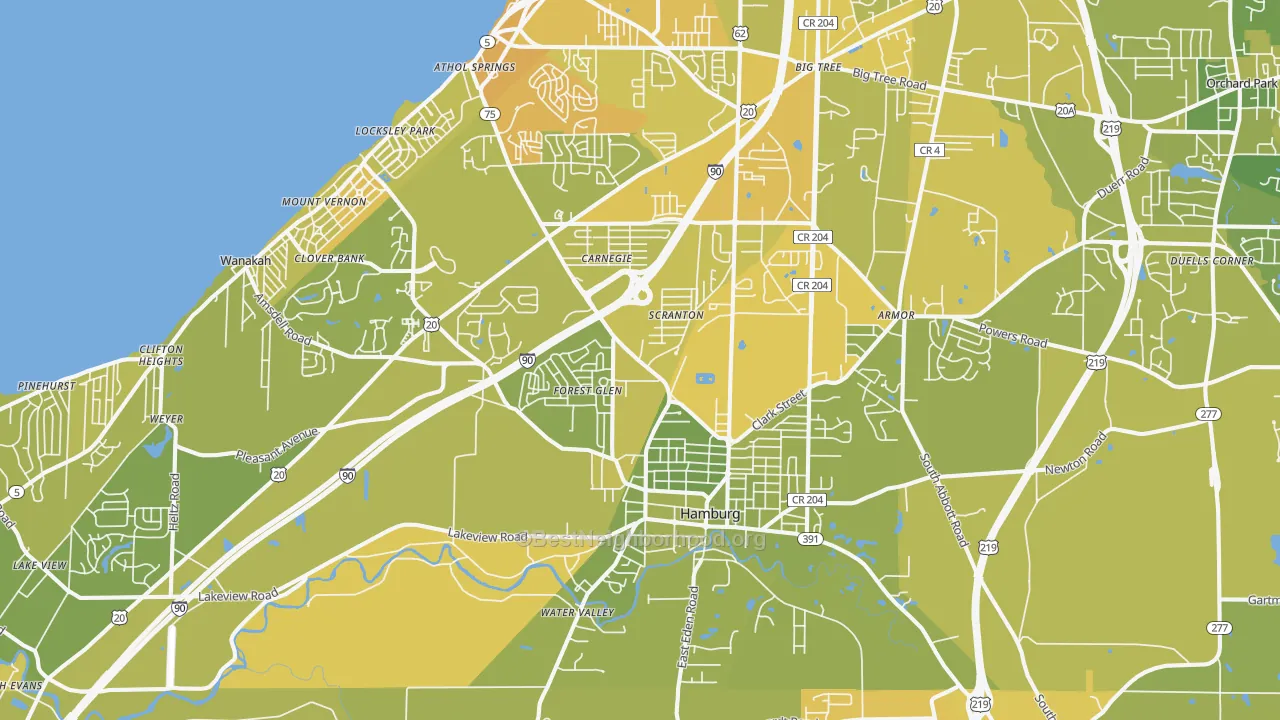 Map of the best neighborhoods in the Hamburg area, with better matches in green and worse matches in red
