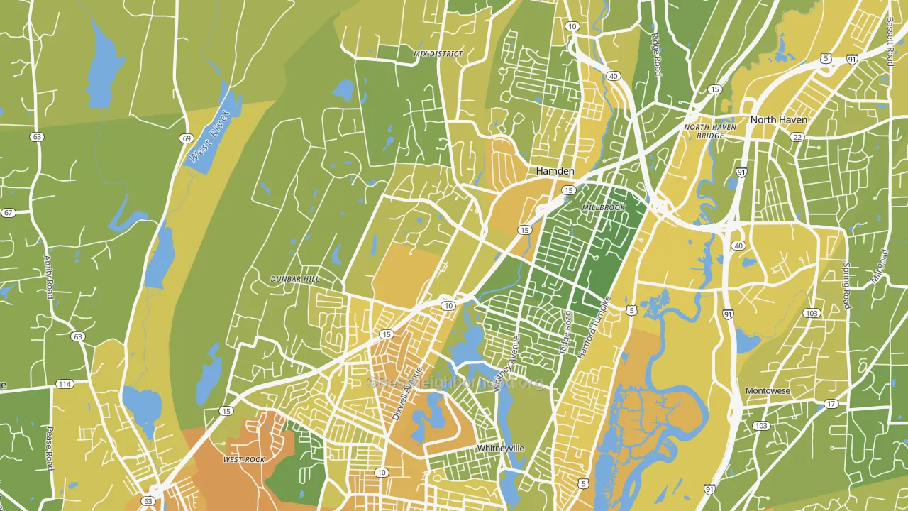 Map of the best neighborhoods in the Hamden area, with better matches in green and worse matches in red