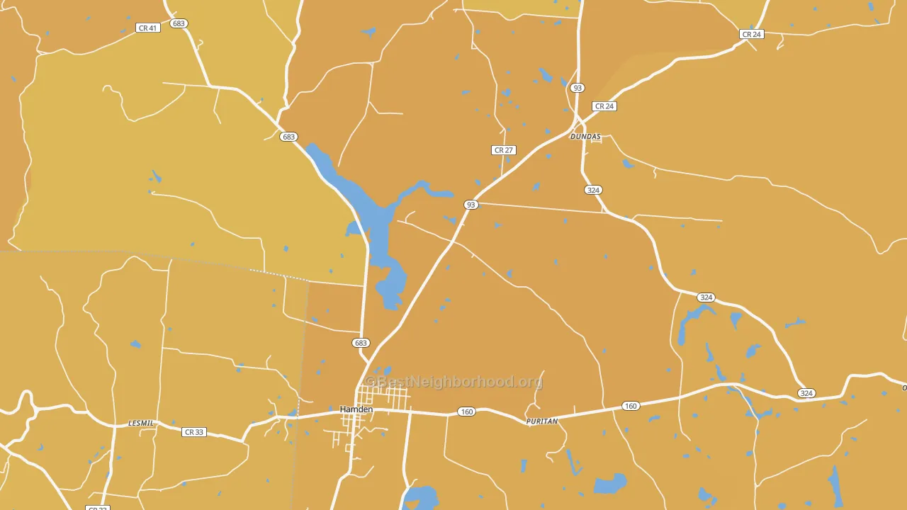 Map of the best neighborhoods in the Hamden area, with better matches in green and worse matches in red
