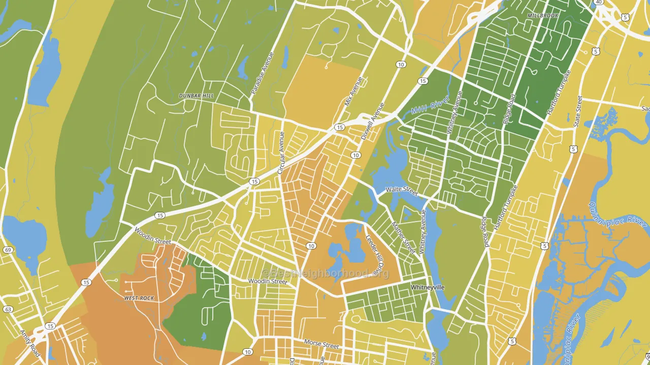 Map of the best neighborhoods in the Hamden Plains, Hamden area, with better matches in green and worse matches in red