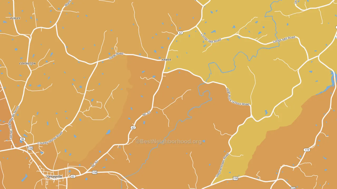 Map of the best neighborhoods in the Hamer area, with better matches in green and worse matches in red