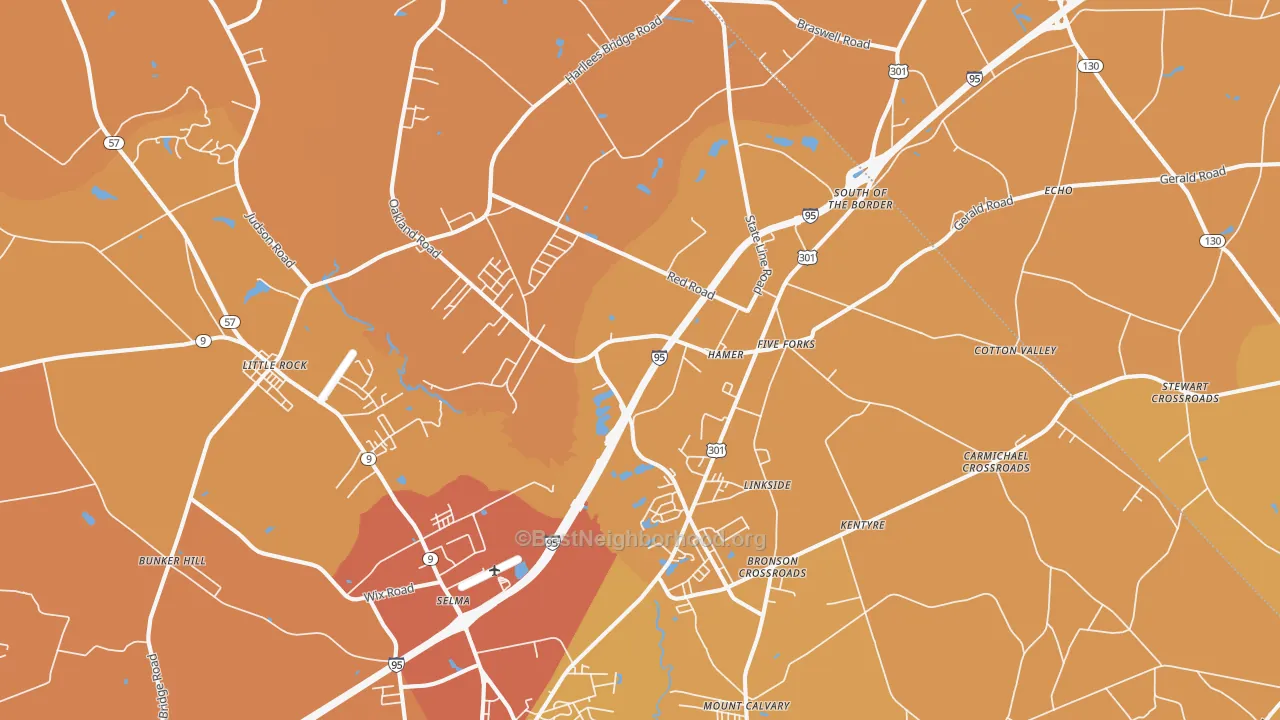 Map of the best neighborhoods in the Hamer area, with better matches in green and worse matches in red