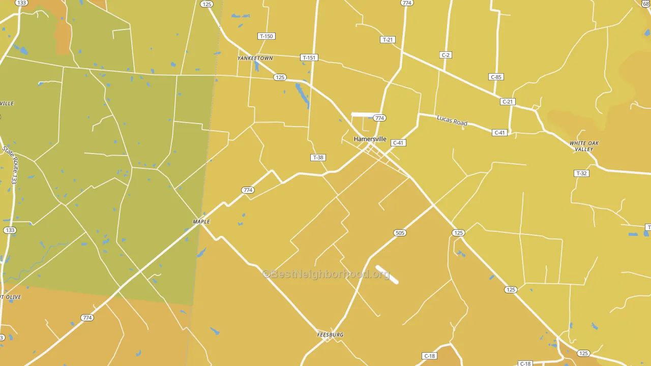 Map of the best neighborhoods in the Hamersville area, with better matches in green and worse matches in red
