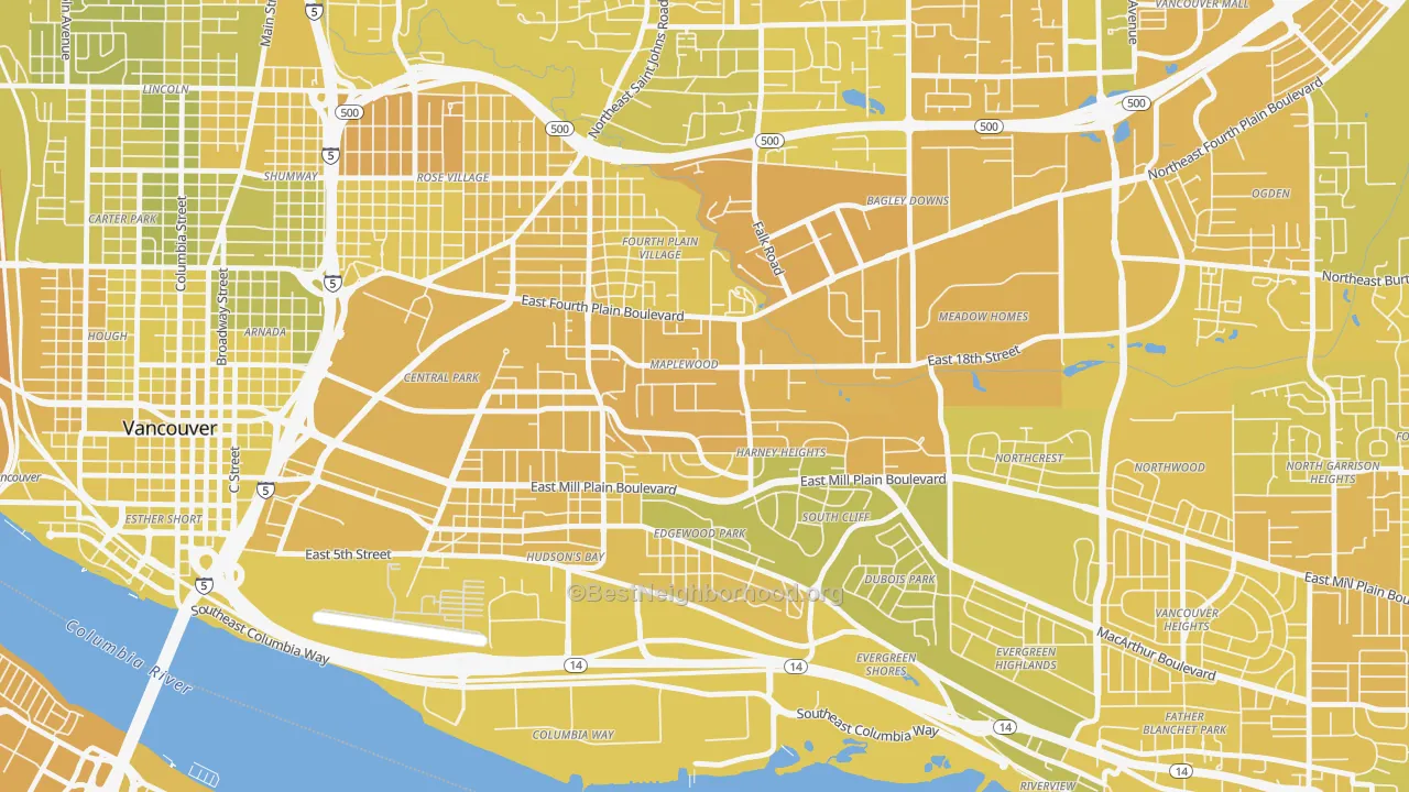 Map of the best neighborhoods in the Hamey Heights, Vancouver area, with better matches in green and worse matches in red