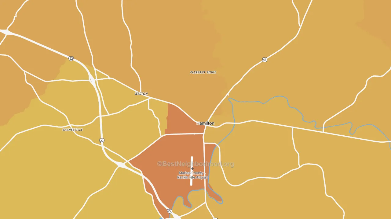 Map of the best neighborhoods in the Hamilton area, with better matches in green and worse matches in red