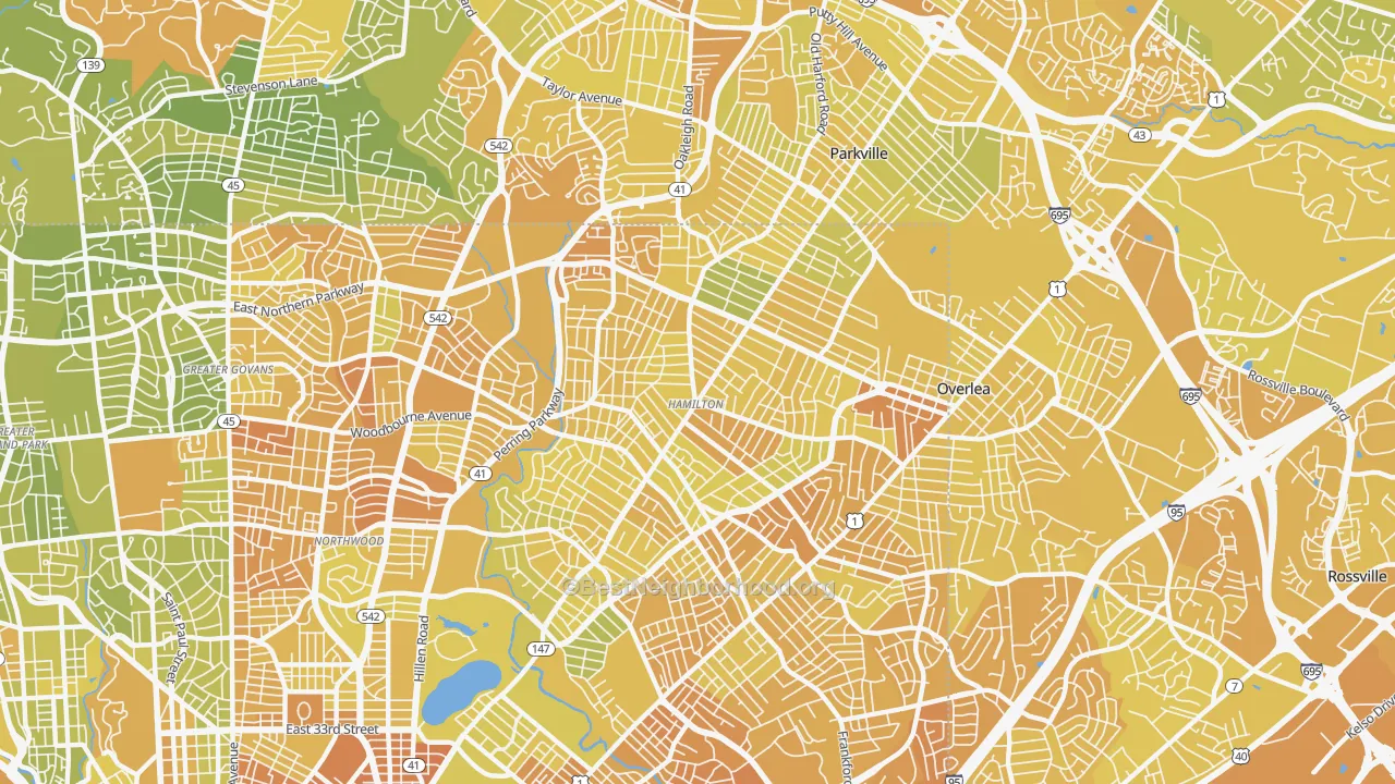 Map of the best neighborhoods in the Hamilton Area, Baltimore area, with better matches in green and worse matches in red