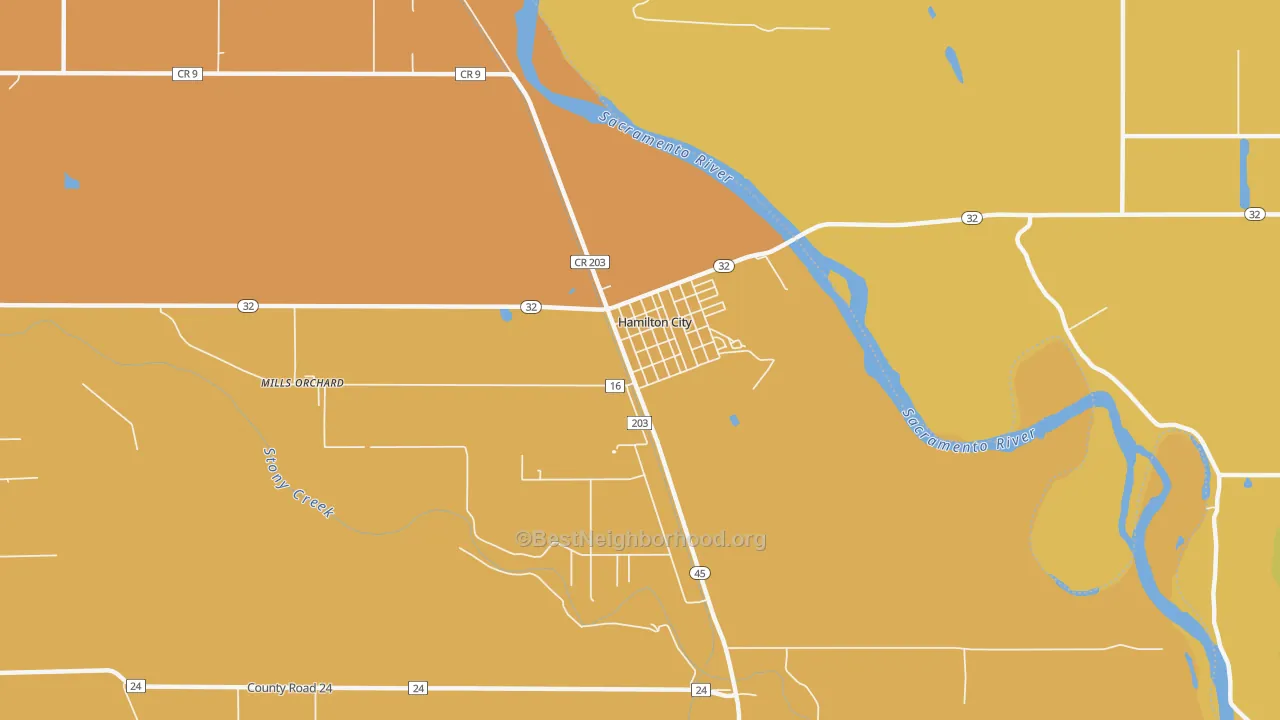 Map of the best neighborhoods in the Hamilton City area, with better matches in green and worse matches in red