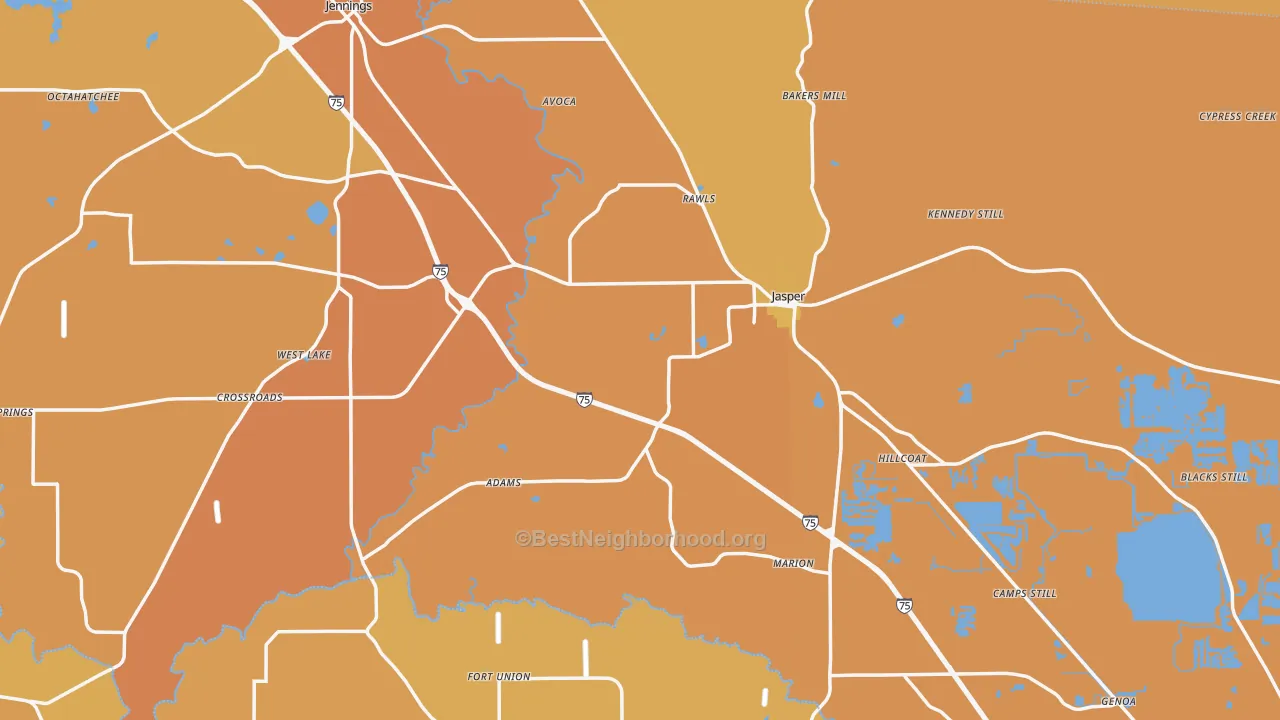 Map of the best neighborhoods in the Hamilton County area, with better matches in green and worse matches in red