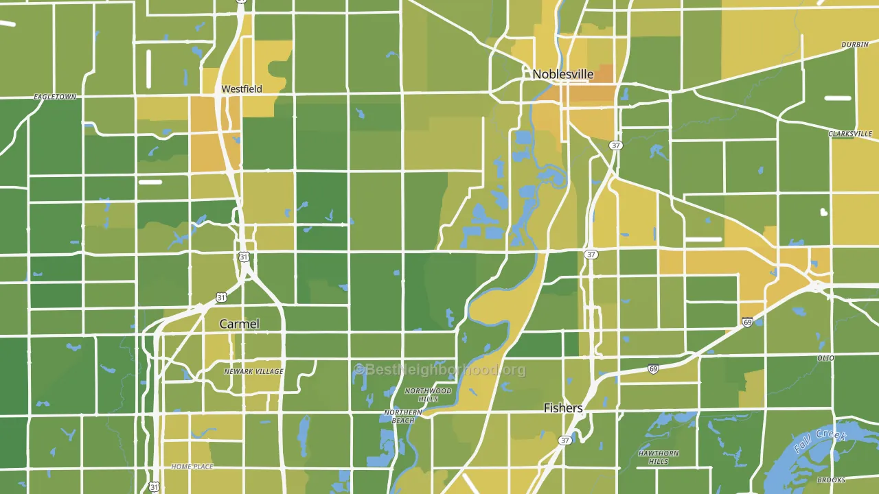 Map of the best neighborhoods in the Hamilton County area, with better matches in green and worse matches in red