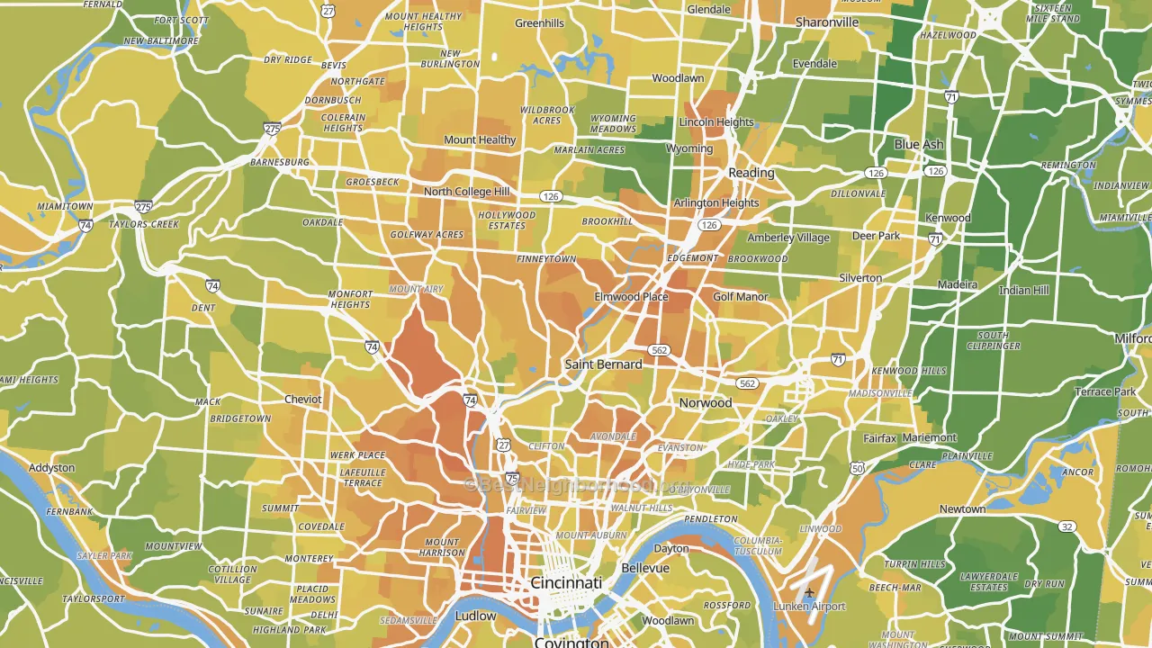 Map of the best neighborhoods in the Hamilton County area, with better matches in green and worse matches in red
