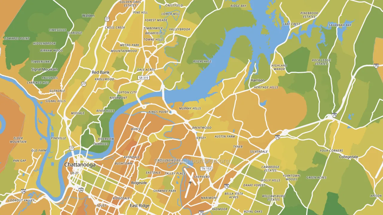 Map of the best neighborhoods in the Hamilton County area, with better matches in green and worse matches in red