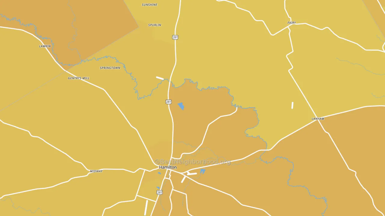 Map of the best neighborhoods in the Hamilton County area, with better matches in green and worse matches in red