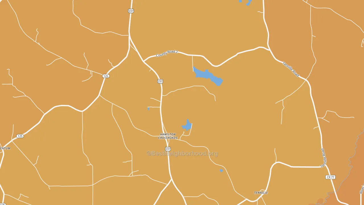 Map of the best neighborhoods in the Hamilton Crossroads area, with better matches in green and worse matches in red