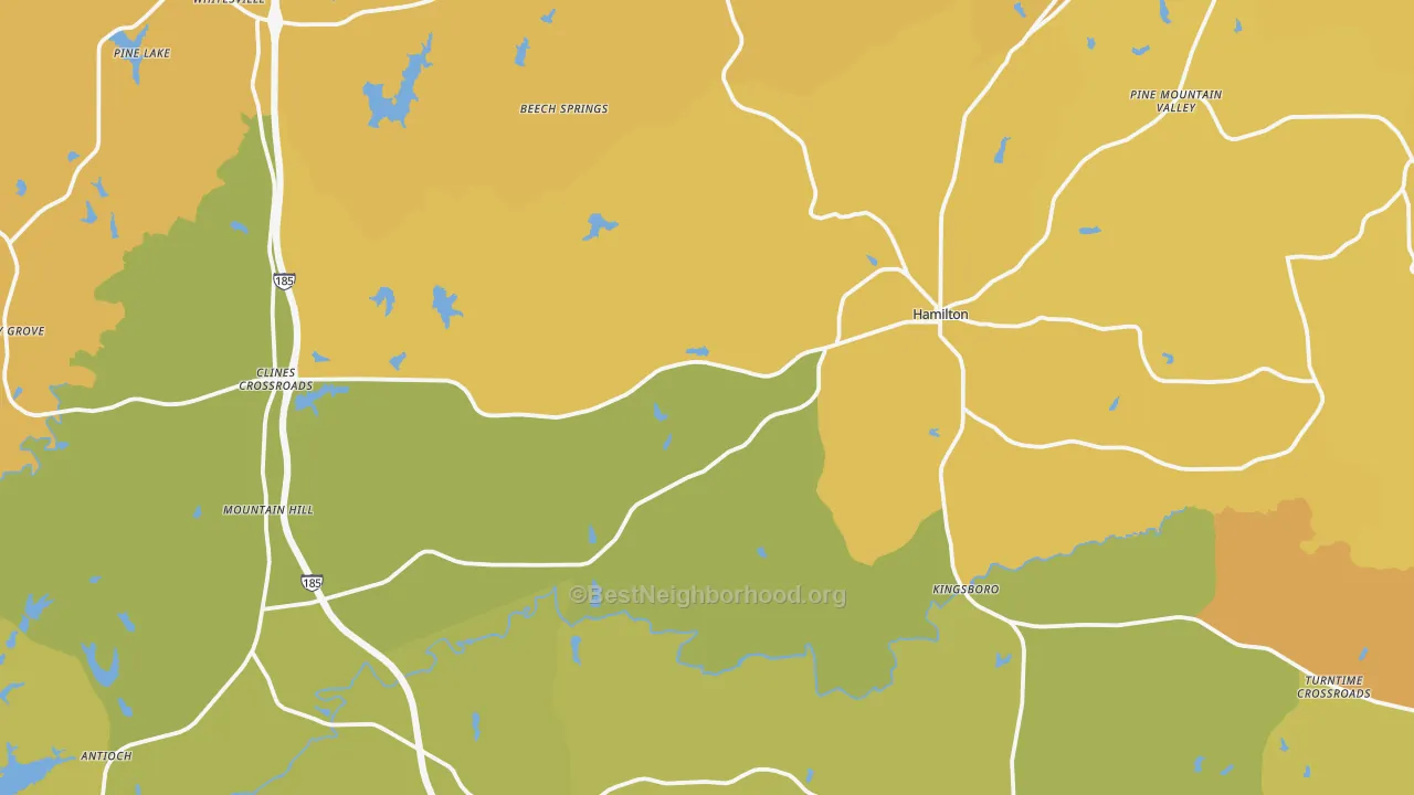 Map of the best neighborhoods in the Hamilton area, with better matches in green and worse matches in red