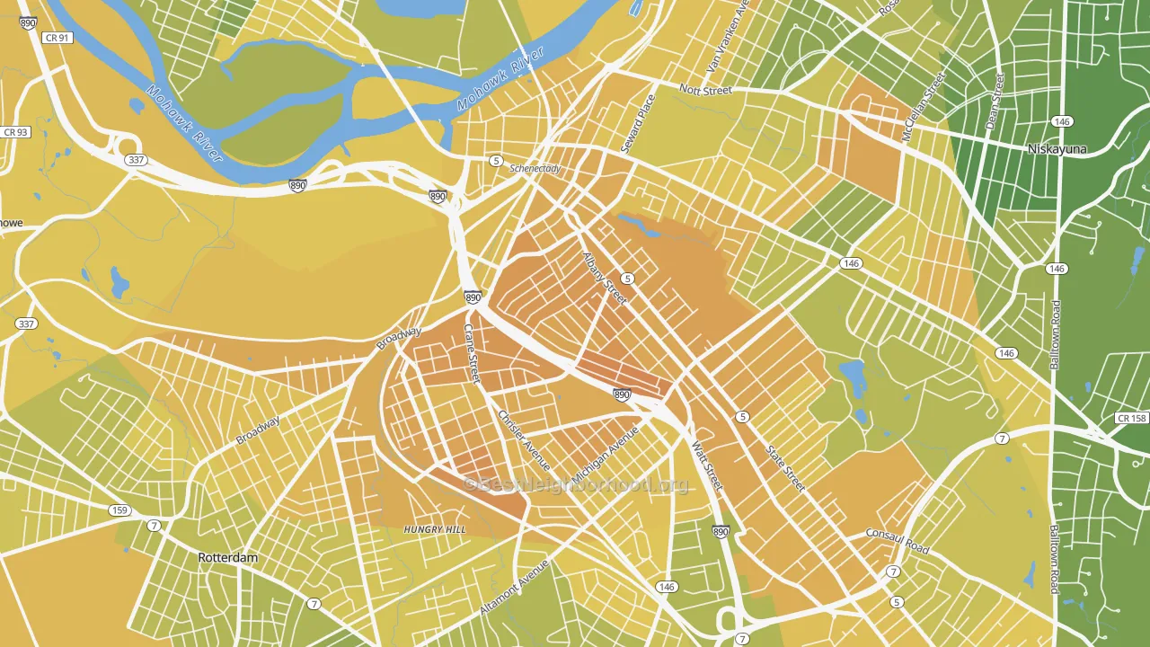 Map of the best neighborhoods in the Hamilton Hills, Schenectady area, with better matches in green and worse matches in red