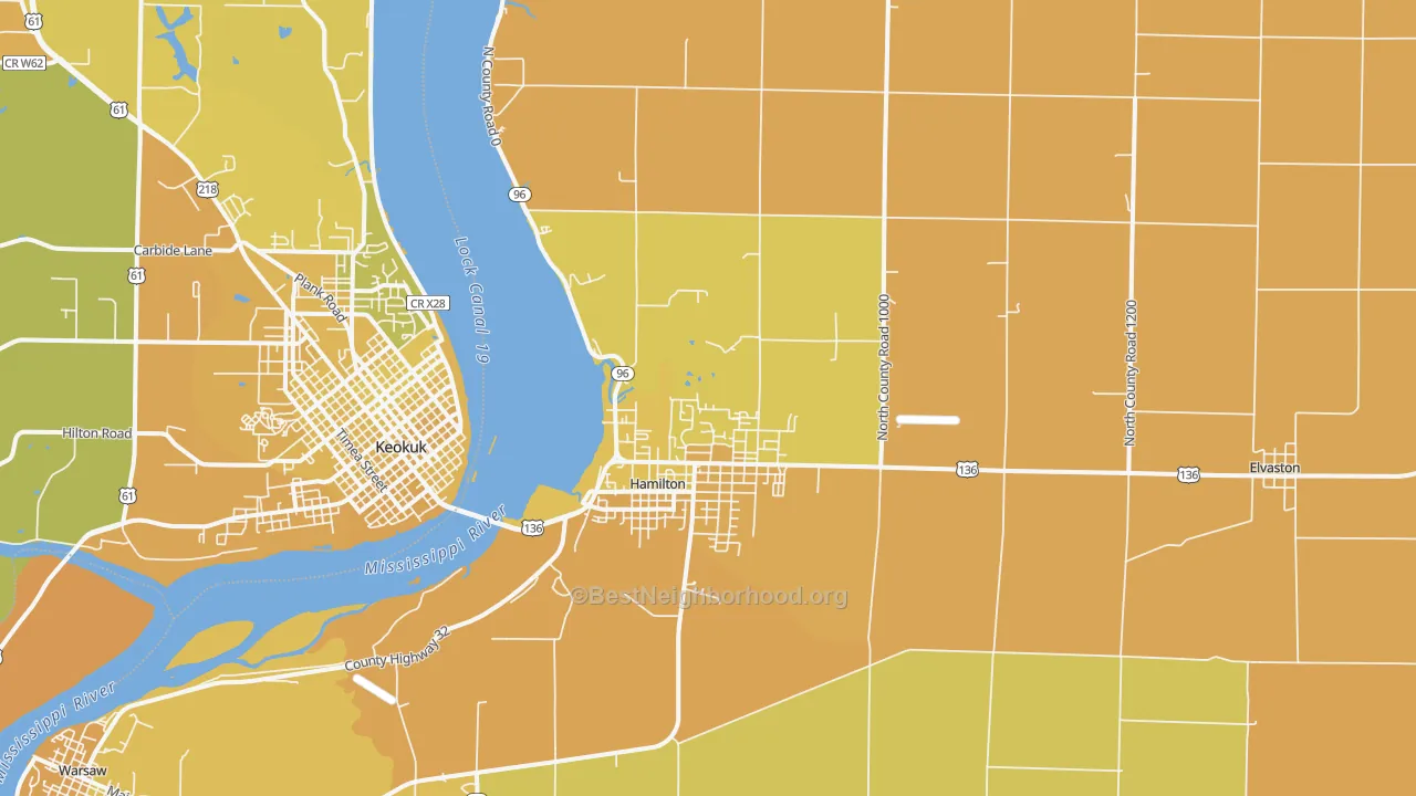 Map of the best neighborhoods in the Hamilton area, with better matches in green and worse matches in red