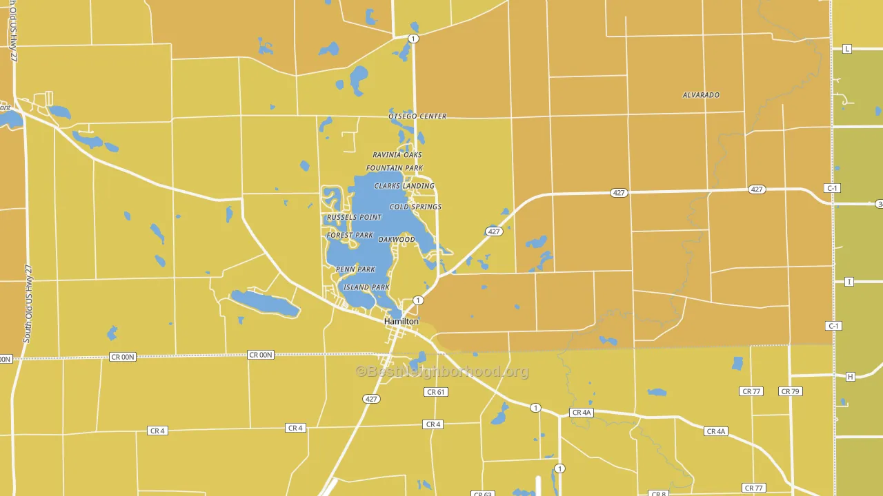 Map of the best neighborhoods in the Hamilton area, with better matches in green and worse matches in red